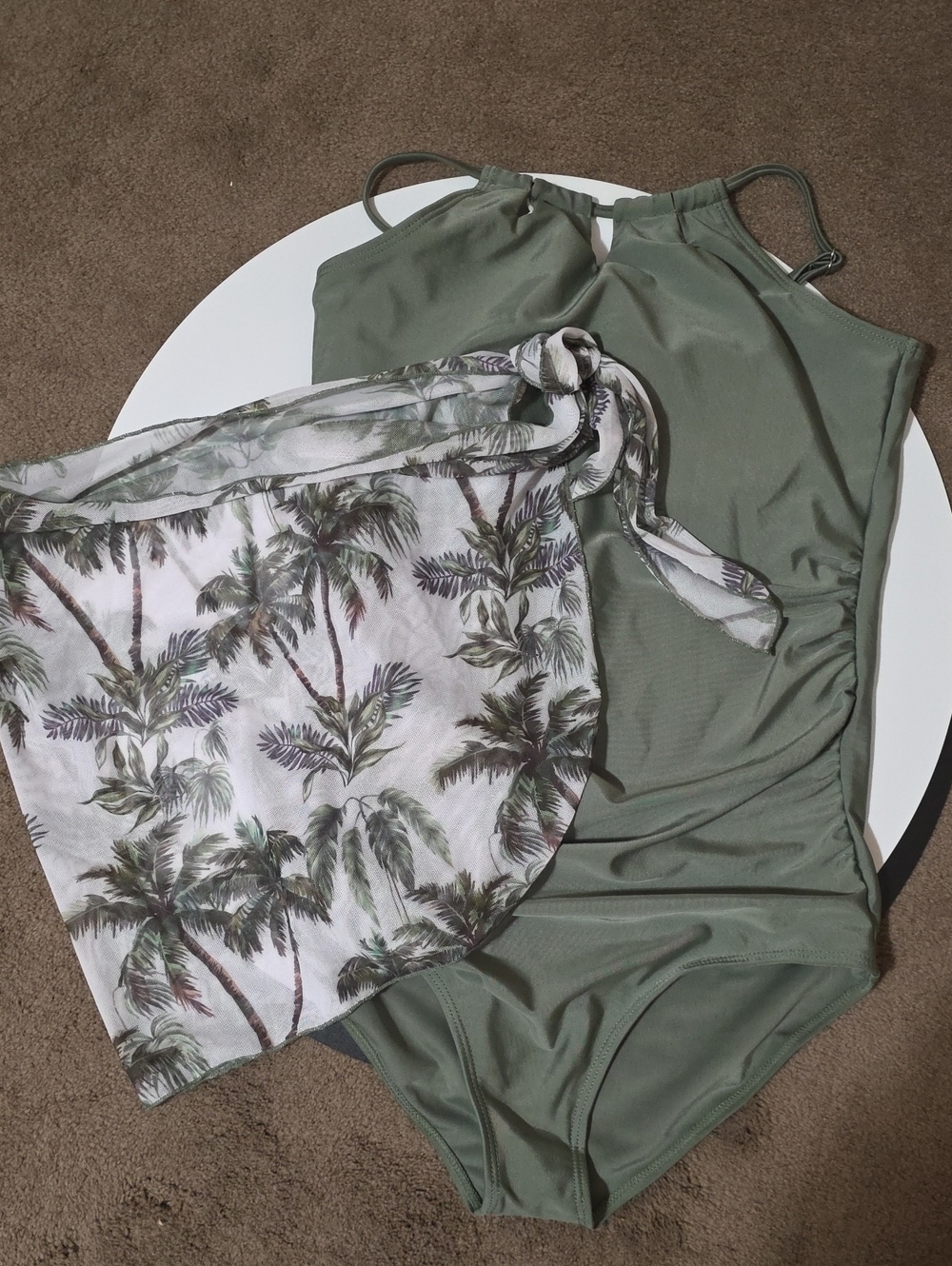 Olive High-Neck One-Piece Swimsuit with Palm Sarong